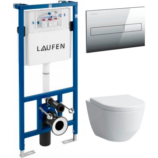Комплект  Система инсталляции для унитазов Laufen Lis CW1 8.9466.0 + Чаша для унитаза подвесного Laufen Pro Rimless 8.2096.6.000.000.1 без ободка + Кнопка смыва Laufen Lis AW1 8.9566.1.004.000.1 хром